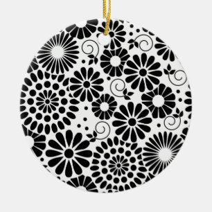 Adorno De Cerámica Retro black white flowers Ornament