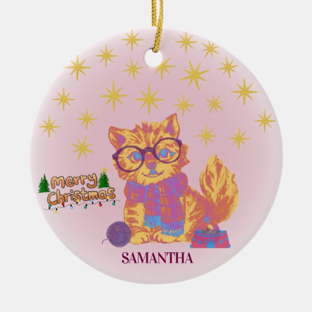Adorno De Cerámica Retro Cat Ceramic Christmas Ornament (Frente)