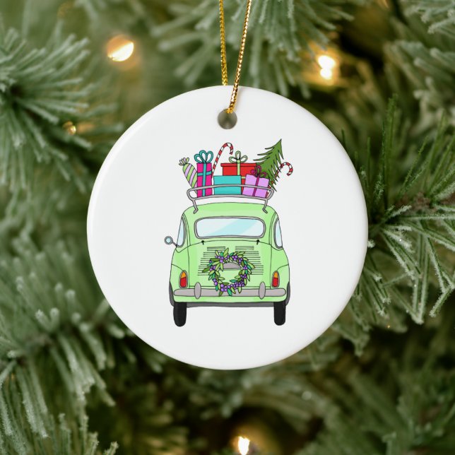 Adorno De Cerámica Retro Fiat 500 con regalos de Navidades (Árbol)