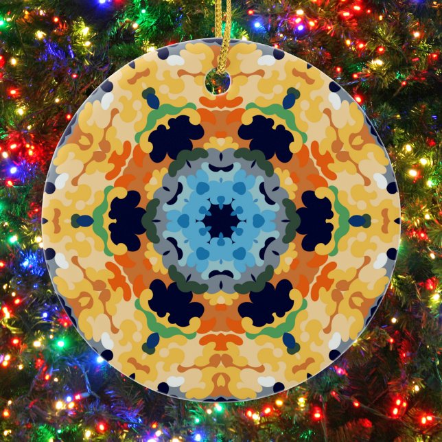Adorno De Cerámica Retro Mandala amarillo azul y Naranja (Yellow Blue and Orange Retro Mandala Ornament by Wormhole Orbital)