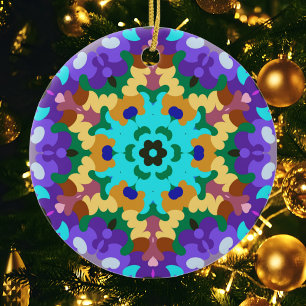 Adorno De Cerámica Retro Mandala azul morado y amarillo