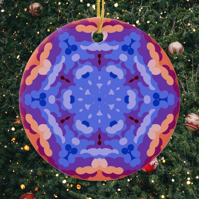 Adorno De Cerámica Retro Mandala Azul morado y rojo (Blue Purple and Red Retro Mandala Ornament by Wormhole Orbital)