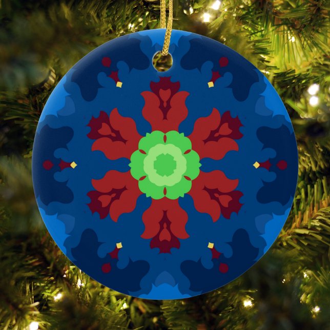 Adorno De Cerámica Retro Mandala Azul Rojo y Verde (Blue Red and Green Retro Mandala Ornament by Wormhole Orbital)