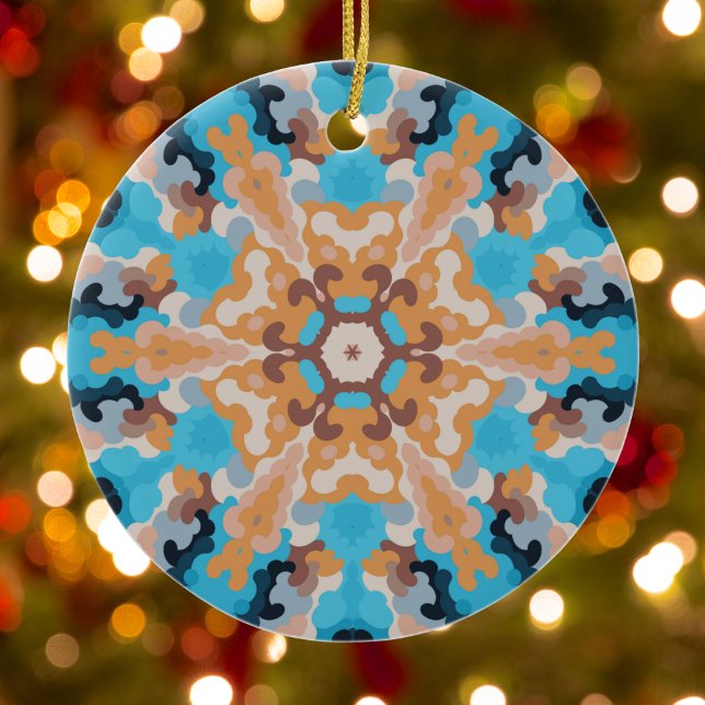 Adorno De Cerámica Retro Mandala Azul y Naranja (Blue and Orange Retro Mandala Ornament by Wormhole Orbital)