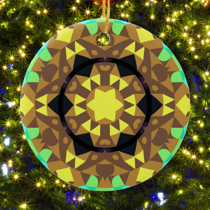 Adorno De Cerámica Retro Mandala Flor Amarillo Azul y Verde