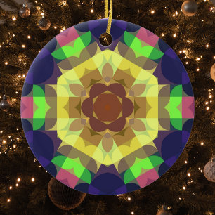Adorno De Cerámica Retro Mandala Flor Amarillo Verde y Azul