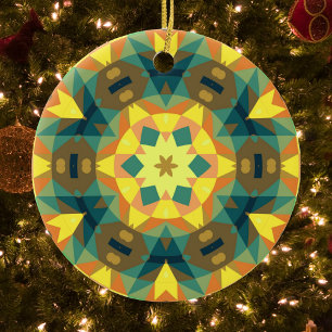Adorno De Cerámica Retro Mandala Flor Amarillo Verde y Naranja