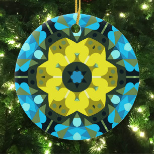 Adorno De Cerámica Retro Mandala Flor Amarillo y Azul