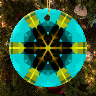 Adorno De Cerámica Retro Mandala Flor Azul Amarillo y Negro