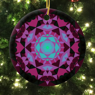 Adorno De Cerámica Retro Mandala Flor Azul Púrpura y Negro