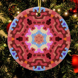 Adorno De Cerámica Retro Mandala Flor Azul Rojo y Naranja