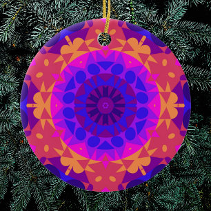 Adorno De Cerámica Retro Mandala Flor Azul rosa y Naranja