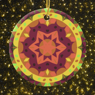 Adorno De Cerámica Retro Mandala Flor Morado Naranja y Verde