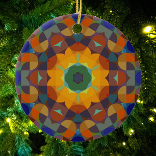 Adorno De Cerámica Retro Mandala Flor Naranja Azul y Verde