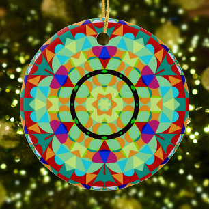Adorno De Cerámica Retro Mandala Flor Naranja Rojo y Azul