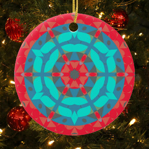 Adorno De Cerámica Retro Mandala Flor Rojo y Azul