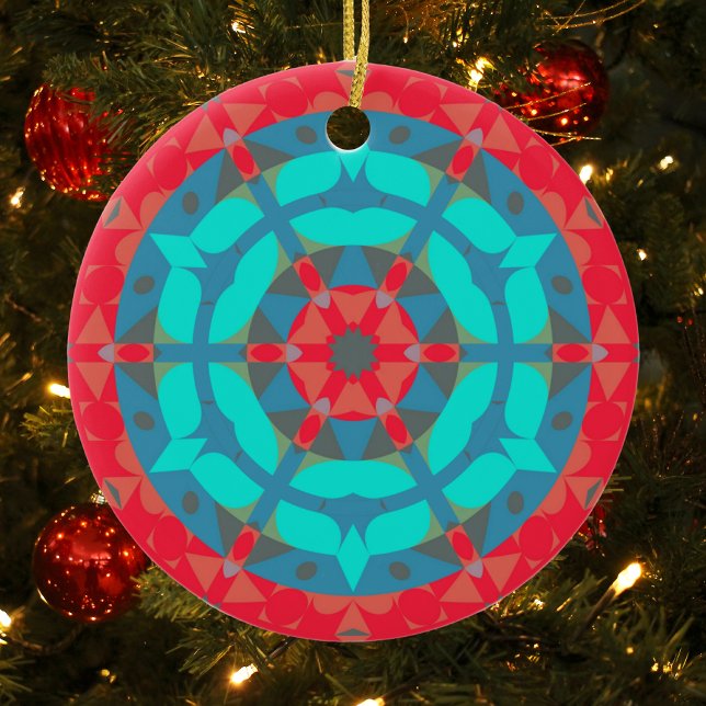 Adorno De Cerámica Retro Mandala Flor Rojo y Azul (Subido por el creador)