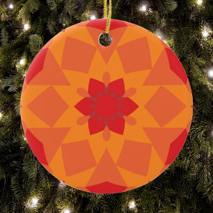 Adorno De Cerámica Retro Mandala Flor Rojo y Naranja
