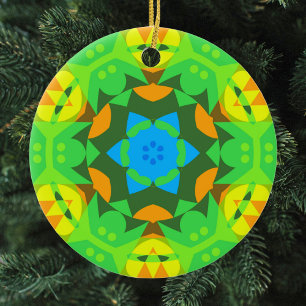 Adorno De Cerámica Retro Mandala Flor Verde Amarillo y Azul