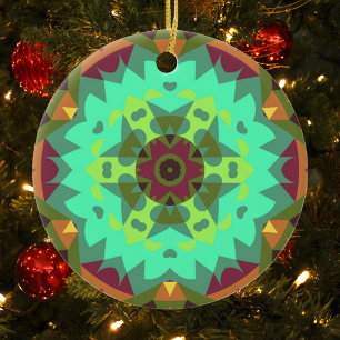 Adorno De Cerámica Retro Mandala Flor Verde Púrpura y Naranja