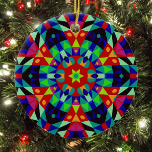 Adorno De Cerámica Retro Mandala Flor Verde Rojo y Azul