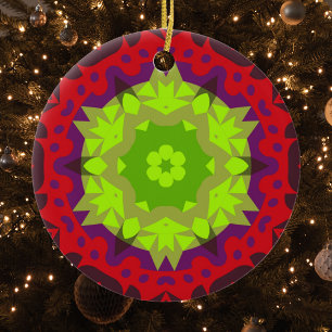 Adorno De Cerámica Retro Mandala Flor Verde Rojo y Púrpura