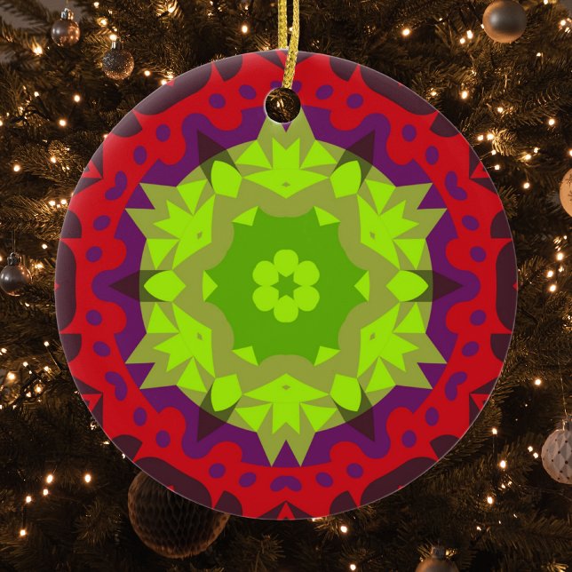 Adorno De Cerámica Retro Mandala Flor Verde Rojo y Púrpura (Subido por el creador)