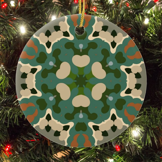 Adorno De Cerámica Retro Mandala Green Brown y Naranja (Green Brown and Orange Retro Mandala Christmas Ornament from Wormhole Orbital)