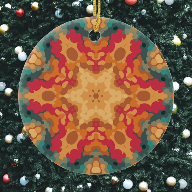 Adorno De Cerámica Retro Mandala Naranja amarillo y azul (Red Orange and Blue Retro Mandala Christmas Ornament from Wormhole Orbital)