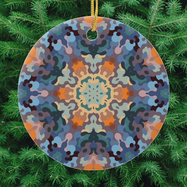 Adorno De Cerámica Retro Mandala Naranja azul y amarillo (Orange and Blue Retro Mandala Christmas Ornament from Wormhole Orbital)