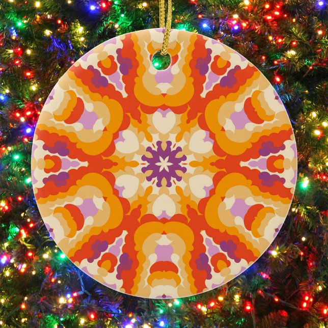 Adorno De Cerámica Retro Mandala Naranja rojo morado y amarillo (Red Orange and Purple Retro Mandala Ornament by Wormhole Orbital)