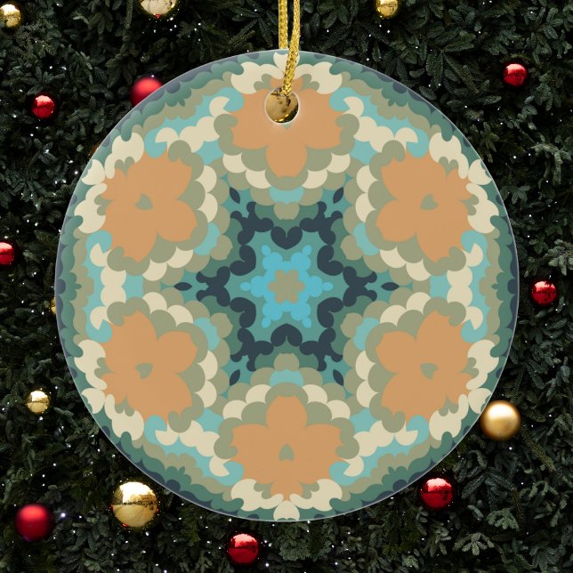 Adorno De Cerámica Retro Mandala Naranja y azul (Orange and Blue Retro Mandala Christmas Ornament from Wormhole Orbital)