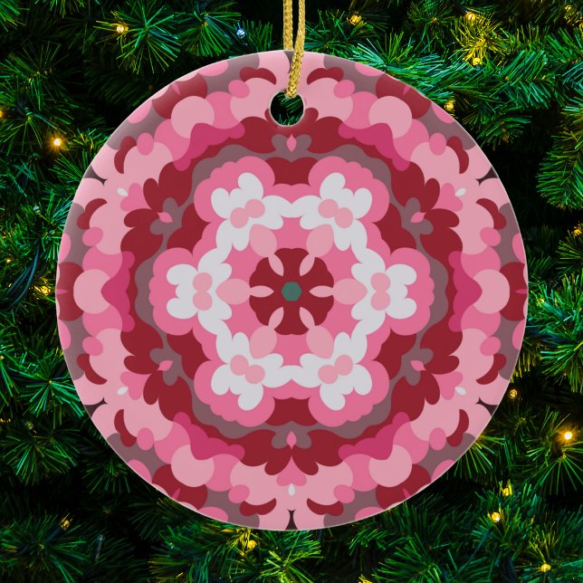 Adorno De Cerámica Retro Mandala rosa rojo y blanco (Pink Red and White Retro Mandala Ornament by Wormhole Orbital)