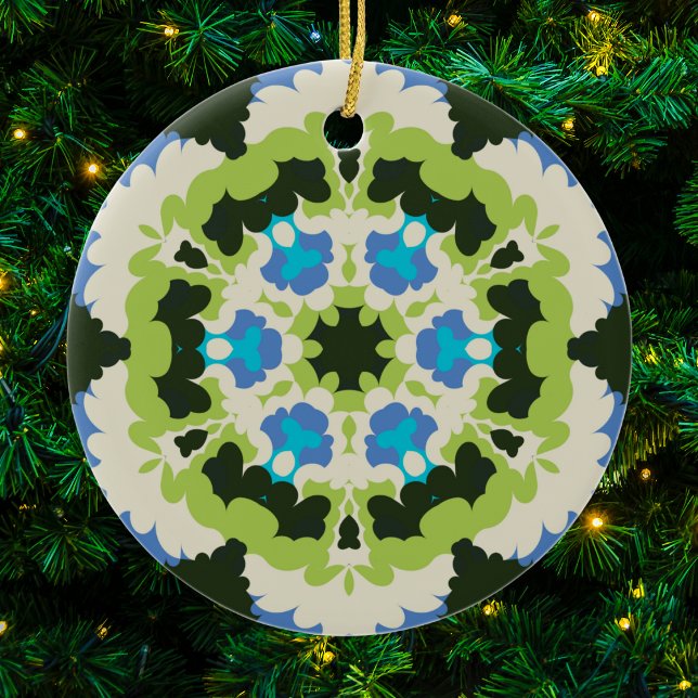 Adorno De Cerámica Retro Mandala Verde azul blanco y negro (Blue Green White and Black Retro Mandala Christmas Ornament from Wormhole Orbital)