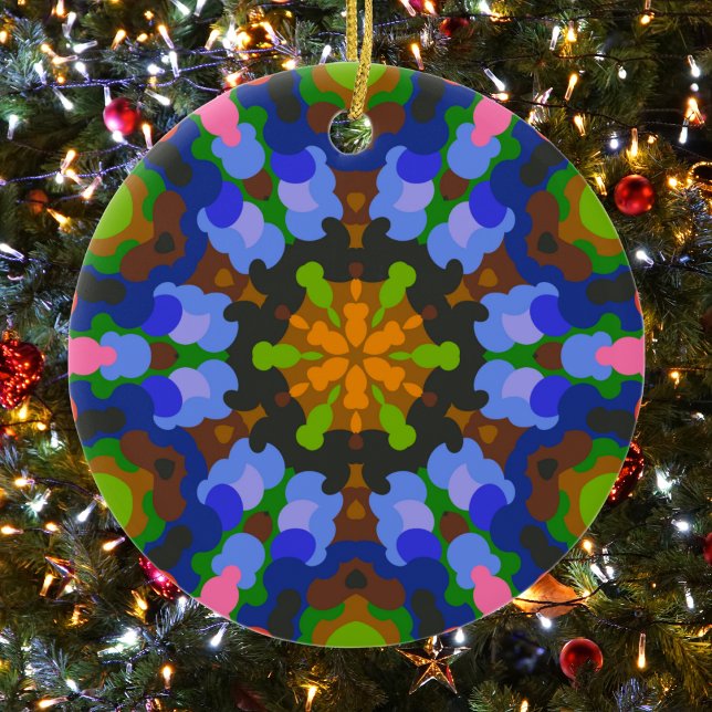 Adorno De Cerámica Retro Mandala Verde Azul y rosa (Green Blue and Pink Retro Mandala Ornament by Wormhole Orbital)