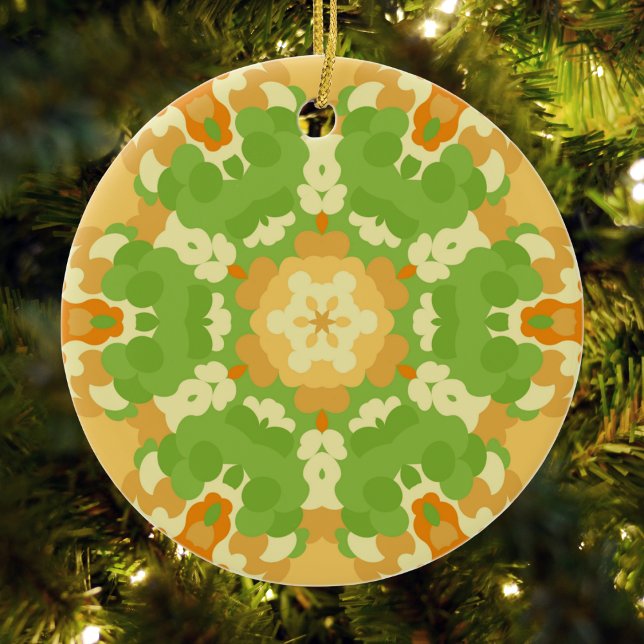 Adorno De Cerámica Retro Mandala Verde y Naranja (Green and Orange Retro Mandala Ornament by Wormhole Orbital)