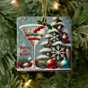 Adorno De Cerámica Retro Martini de Navidad de Arándano y Copo de Nie