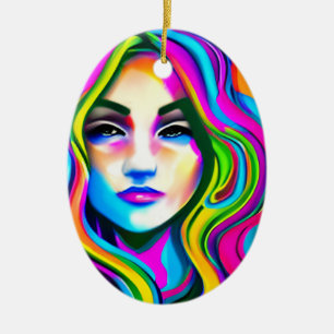 Adorno De Cerámica Retro retrato de una mujer con pelo de arcoiris