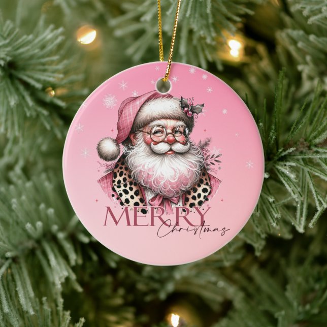 Adorno De Cerámica Retro Santa Claus Feliz Navidad En Rosa (Árbol)