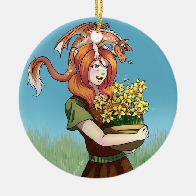 Adorno De Cerámica Reuniendo flores con un dragón (Frente)