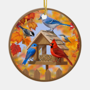 Adorno De Cerámica Reunión de alimentadores de aves de otoño