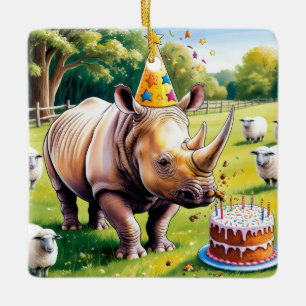 Adorno De Cerámica Rhino llevando gorra de cumpleaños en el país ingl