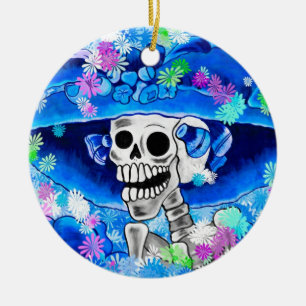 Adorno De Cerámica Ríe mujer esqueleto en bonnet azul