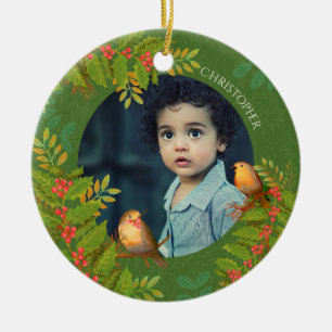 Adorno De Cerámica Robin Birds Holly Berry Photo Green