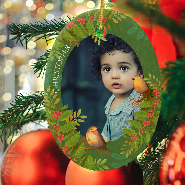 Adorno De Cerámica Robin Birds Holly Berry Photo Green (Robin Birds Holly Berry Photo Design Ornament.)