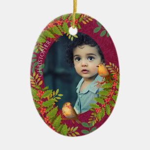 Adorno De Cerámica Robin Birds Holly Berry Photo Wine