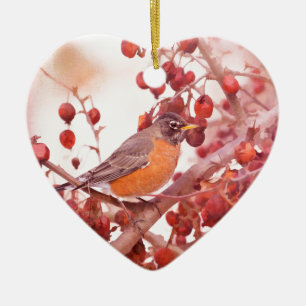 Adorno de cerámica Robin con bayas rojas