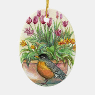 Adorno De Cerámica Robin y Tulips