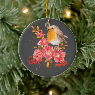 Adorno De Cerámica Robo amarillo y amapolas rojas