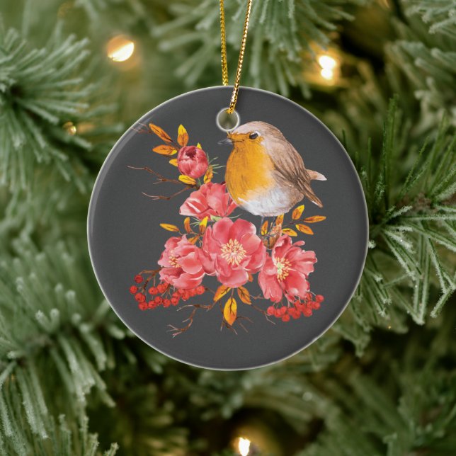 Adorno De Cerámica Robo amarillo y amapolas rojas (Árbol)